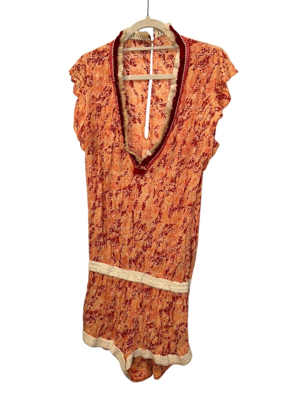 Poupette St Barth orange tassel ring trim Indian Block Print romper L